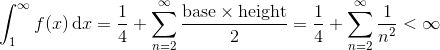 \int_1^\infty f(x) \,\text dx = \frac 14 + \sum_{n=2}^\infty \frac {\text{base}\times\text{height}}{2} = \frac 14 + \sum_{n=2}^\infty \frac{1}{n^2}<\infty