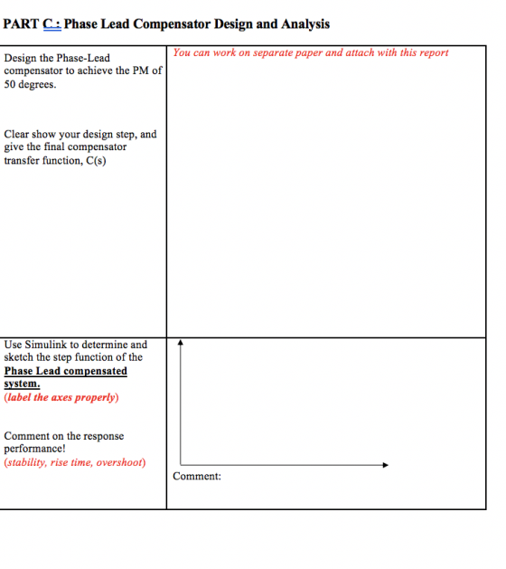 PART C: Phase Lead Compensator Design and Analysis You can work on separate paper and attach with this report Design the Phas