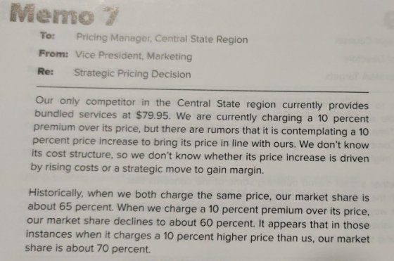 Memo 7 To: Pricing Manager, Central State Region From: Vice President, Marketing Strategic Pricing Decision Re: Our only comp