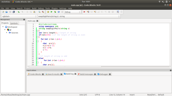 Activities Code::Blocks IDE Tue 10:01 main.cpp [ar] - Code::Blocks 16.01 File Edit View Search Project Build Debug Tools Plug