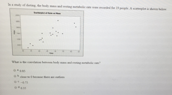 In a study of dieting, the body mass and resting metabolic rate were recorded for 19 people. A scatterplot is shown below. Sc
