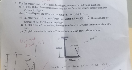 9. For the bracket under a 90-N force shown below, complete t Torce shown below. complete the following questions. (a) (10 pt