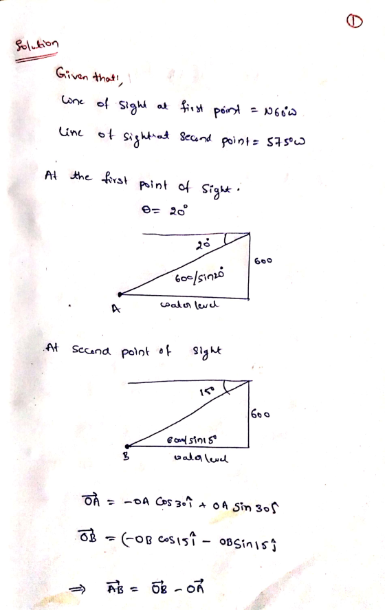 Solution Given that wne of sight at first point = Noow line of sight at second point = 5750w At the first point of sight: 0=