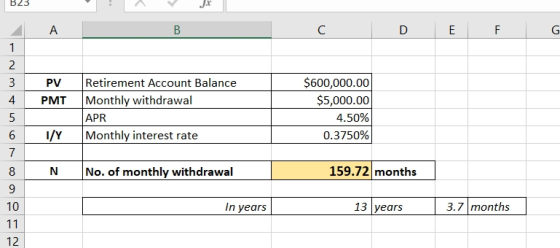 B23 A В c o E F G 4 5 PV Retirement Account Balance PMT Monthly withdrawal APR /Y Monthly interest rate $600,000.00 $5,000.00