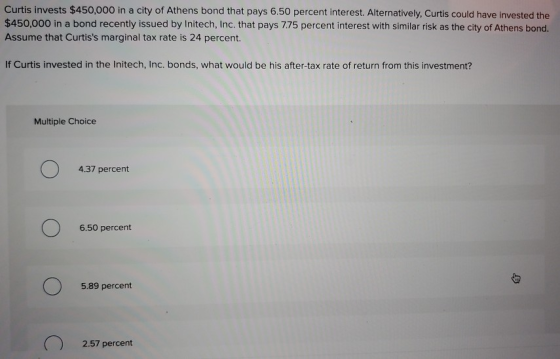 Curtis invests $450,000 in a city of Athens bond that pays 6.50 percent interest. Alternatively, Curtis could have invested t