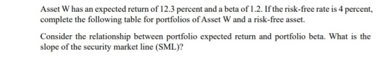 Asset W has an expected return of 12.3 percent and a beta of 1.2. If the risk-free rate is 4 percent, complete the following