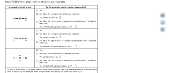 Decide whether these proposed Lewis structures are reasonable. proposed Lewis structure Is the proposed Lewis structure reaso