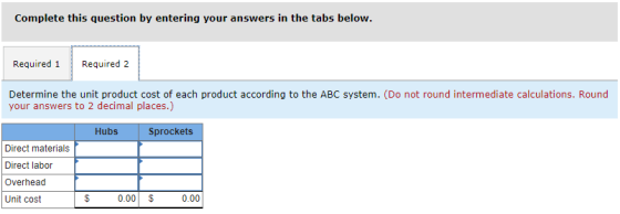 Complete this question by entering your answers in the tabs below. Required 1 Required 2 Determine the unit product cost of e