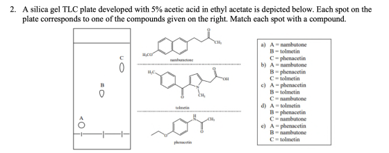 2. A silica gel TLC plate developed with 5% acetic acid in ethyl acetate is depicted below. Each spot on the plate correspond