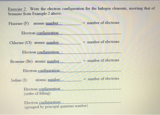 Exercise 2: Write the electron configuration for the halogen elements, inserting that of bromine from Example 2 above. Fluori