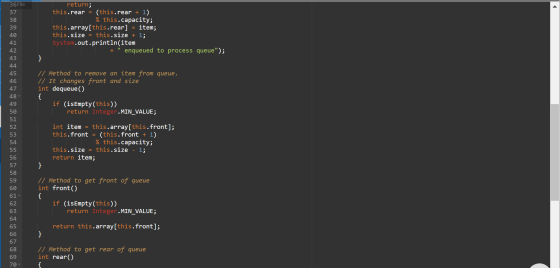 return; this.rear = (this.rear + 1) % this.capacity; this.array[this.rear] item; this.size = this.size + 1; System.out.printl