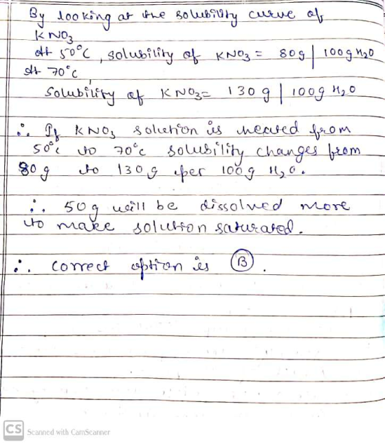 By looking at the solubiuty curve of KNO₃ oft 50%, solubility of KNO₃ = 80 g/ 100g 120 It 70°c, solubility of KNO3= 130g / 10