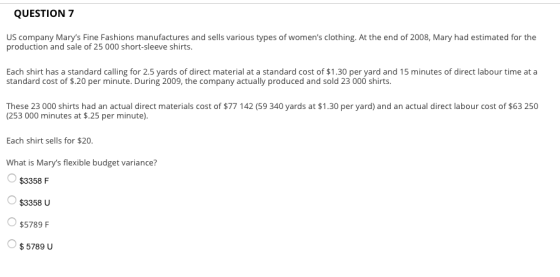 QUESTION 7 US company Marys Fine Fashions manufactures and sells various types of womens clothing. At the end of 2008, Mary