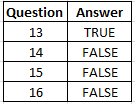 Question Answer 13 TRUE 14 FALSE 15 FALSE 16 FALSE