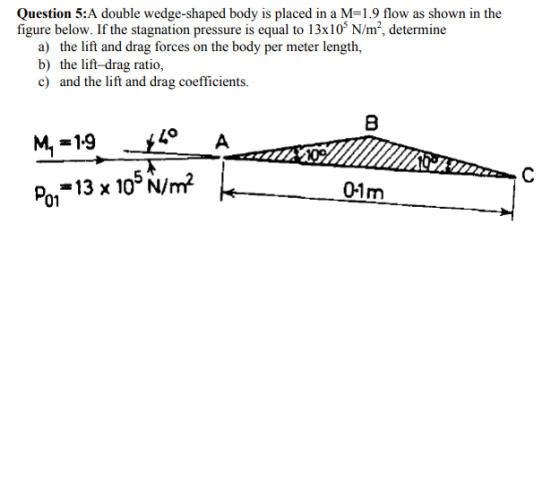 Question 5:A double wedge-shaped body is placed in a M-1.9 flow as shown in the figure below. If the stagnation pressure is e