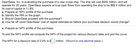 OpenSeas, Inc. is evaluating the purchase of a new cruise ship. The ship will cost $500 million, and will operate for 20 year