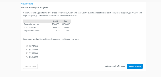 View Policies Current Attempt in Progress Gant Accounting performs two types of services, Audit and Tax. Gants overhead cost
