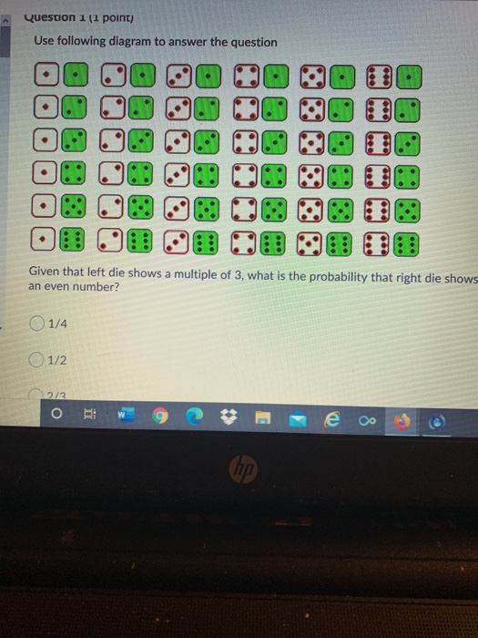 Question 1 (1 point) Use following diagram to answer the question 000 000 .. Given that left die shows a multiple of 3, what