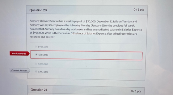 Question 20 0/1 pts Anthony Delivery Service has a weekly payroll of $30,000. December 31 falls on Tuesday and Anthony will p