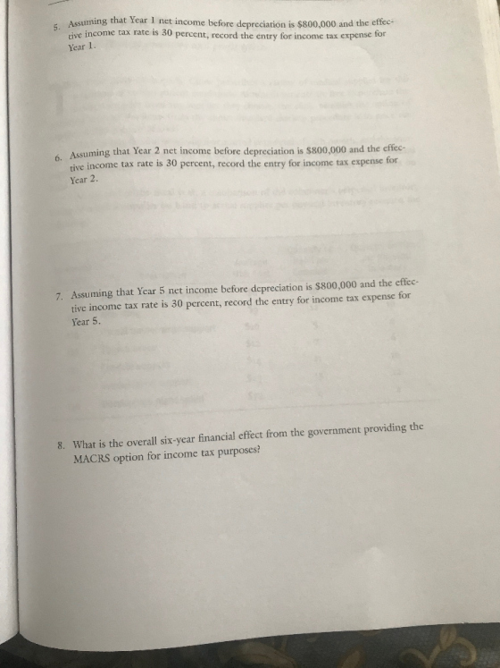 Assuming that year net income before depreciation is $800,000 and the effec- rive income tax rate is 30 percent, record the e