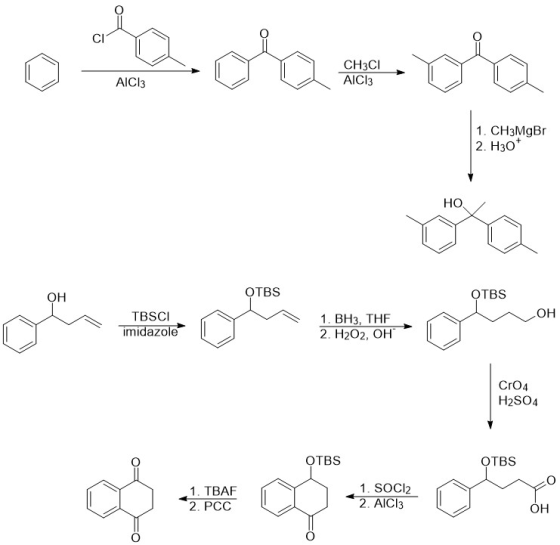 CH3CI AICI3 AICI: 1. CH3MgBr 2. H30* HO OTBS OH OTBS OH TBSCI imidazole 1. BH3, THE 2. H2O2, OH Cr04 H2SO4 OTBS OTBS 1. TBAF