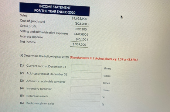 INCOME STATEMENT FOR THE YEAR ENDED 2020 Sales $1,625,900 Cost of goods sold (803,700) Gross profit 822,200 Selling and admin
