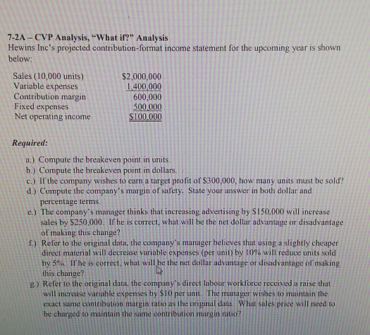 7-2A - CVP Analysis, What if? Analysis Hewins Incs projected contribution-format income statement for the upcoming year is