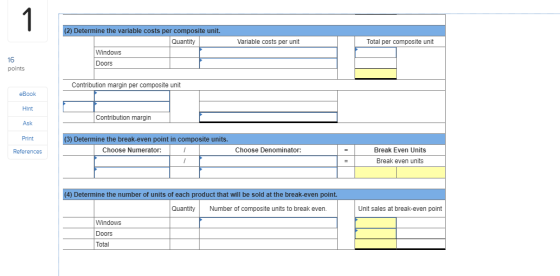 Variable costs per unit Total per composite unit (2) Determine the variable costs per composite unit. Quantity Windows Doors