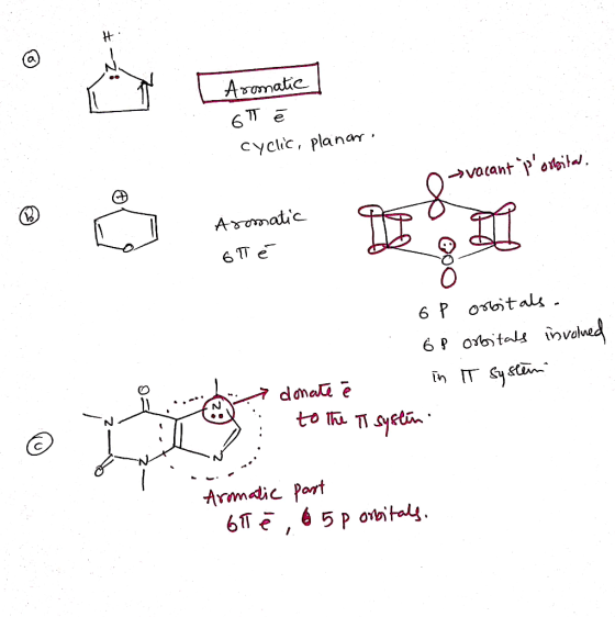 H : - Z Aromatic 6T cyclic, planar. O svacant portaita. Aromatic впе- op orbitals. op orbitals involved in IT system 7 donate