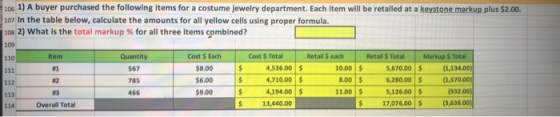 106 1) A buyer purchased the following items for a costume Jewelry department. Each item will be retailed at a keystone marku