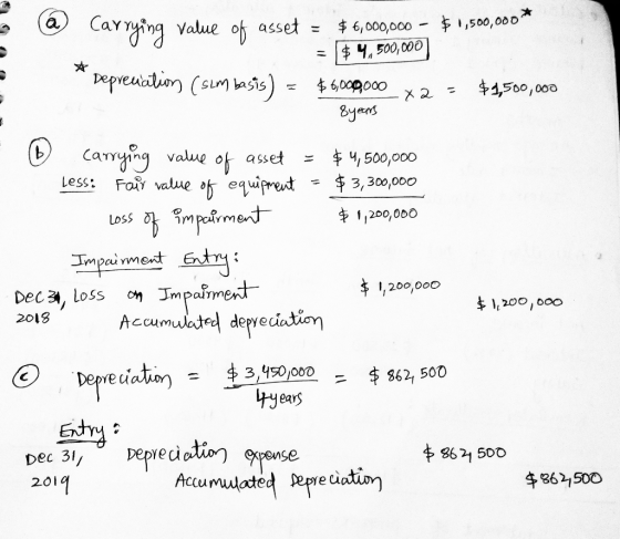JU U @ Carrying Value of asset = $6,000,000 - $1,500,000 * = $ 4,500,000 Deprecations (slm basis) = $6,000,000 x2 = $1,500,00