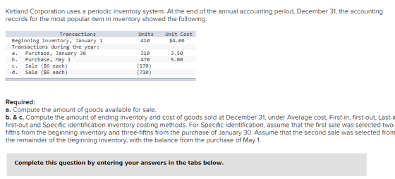 Kirtland Corporation uses a periodic inventory system. At the end of the annual accounting period, December 31, the accountin