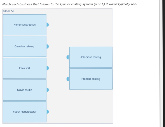 Match each business that follows to the type of costing system (a or b) it would typically use. Clear All Home construction G