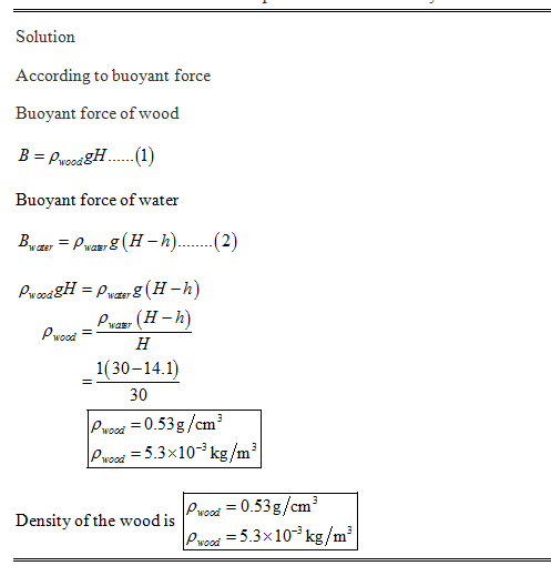 Solutionn According to buoyant force Buoyant force of wood Buoyant force of water H-h 1(30-14.1) 30 And = 0.53g/cm Road = 5.3