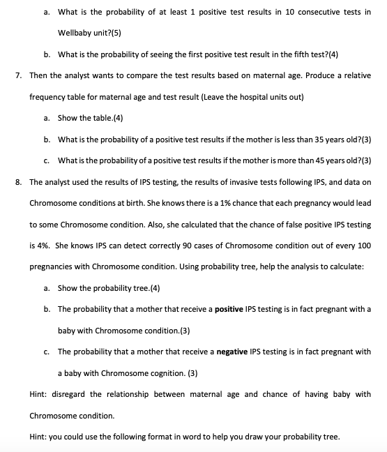 a. What is the probability of at least 1 positive test results in 10 consecutive tests in Wellbaby unit?(5) b. What is the pr