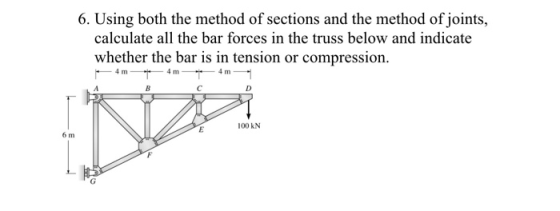 6. Using both the method of sections and the method of joints, calculate all the bar forces in the truss below and indicate w