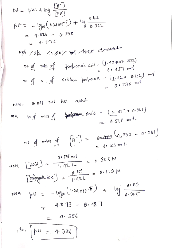 pH = pkatlog THA] 0.162 pits – 1910 ( 1-34x10-5) + log 7.372 - 4.873 - 0 298 = 4.575 Nota / aku cooby not the acadded mo. of