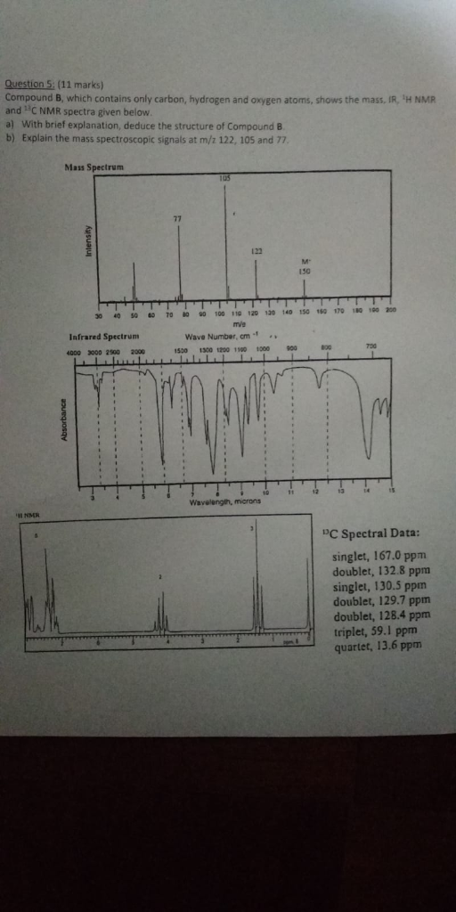 Question 5: (11 marks) Compound B, which contains only carbon, hydrogen and oxygen atoms, shows the mass, IR, H NMR and C NMR