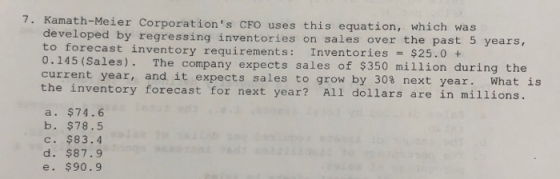 7. Kamath-Meier Corporations CFO uses this equation, which was developed by regressing inventories on sales over the past 5