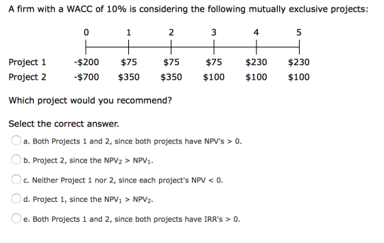 A firm with a WACC of 10% is considering the following mutually exclusive projects: o 1 2 3 4 5 Project 1 Project 2 -$200 -$7