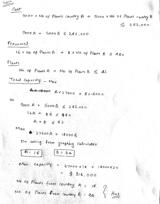 Coxt 9000 メ of flanes County Aナ Sooo x No, of Plaues county 16 x No. of Planes A + g X No. of Planes B 480 anes No. af Planes A No. of Plahrsß Total Copaci - Ma CUS A + B 3 4 2 27000A + 18000B On solvirj from graphig Calculator 6- 24- No. of Planes froM Cou lanPs Hns
