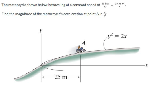 16.67 m The motorcycle shown below is traveling at a constant speed of 60 km hr = m Find the magnitude of the motorcycles ac
