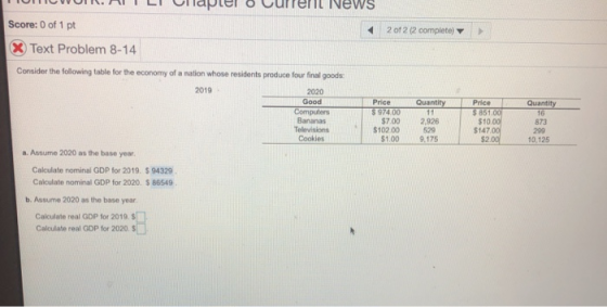 Score: 0 of 1 pt 2 of 2 (2 complete) Y Text Problem 8-14 Consider the following table for the economy of a nation whose residents produce four final goods: 2019 2020 Price Quantity Price Good Computers Bananas Televisions Cookies $7.00 2,926 $102 00 52 1.009,175 S 851 $10 $147 $2 Quantity 16 873 299 10,125 a. Assume 2020 as the base year Calculate nominal GDP for 2019. $ 94329 Calculate nominal GDP for 2020. $ 86549 b. Assume 2020 as the base year Calculate real GOP for 2019. S Calculate real GOP for 2020. $