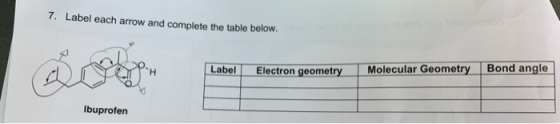 7. Label each arrow and complete the table below. Label Electron geometry Molecular Geometry Bond angle Ibuprofen