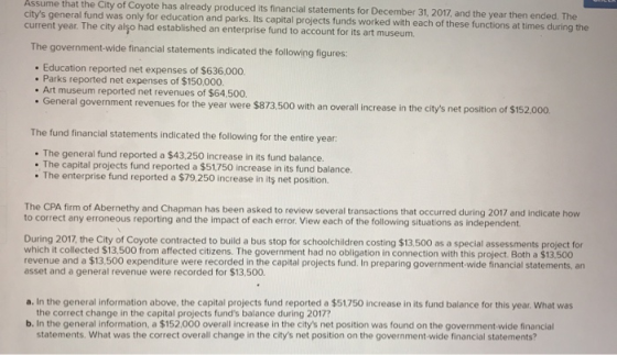 Assume that the City of Coyote has already produced its financial statements for December 31, 2017 and the year then ended Th