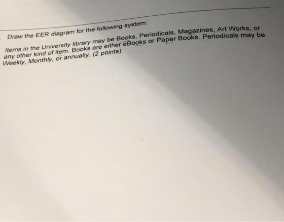 Draw the EER diagram for the following system: Items in the University library may be Books, Periodicals, Magazines, Art Works, o any other kind of item. Books are eitherPaper Books. Periodical Weekly, Monthly, or annually. (2 points) s may be