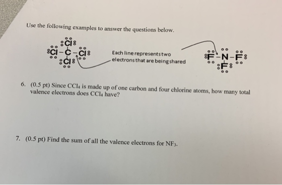 Use the following examples to answer the questions below. းး sci-ċ-ċi Each line represents two C ZË-N-F8 electrons that are