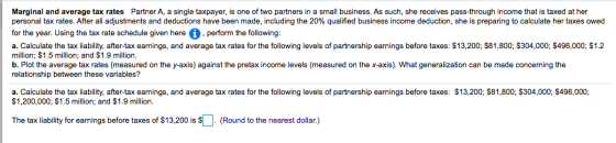Marginal and average tax rates Partner A, a single taxpayer, is one of two partners in a small business. As such, she receive