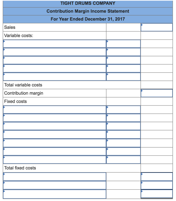 TIGHT DRUMS COMPANY Contribution Margin Income Statement For Year Ended December 31, 2017 Sales Variable costs: Total variabl
