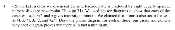 (25 marks) In class we discussed the interference pattern produced by eight equally spaced, narrow slits (see powerpoint Ch.
